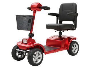 Red mobility scooter with black seat and basket isolated on white background