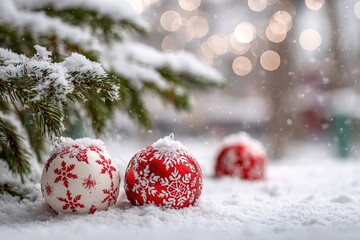Red and white Christmas ornaments on snow-covered ground near a pine tree. Soft bokeh lights in the background create a festive atmosphere.