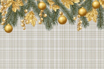 A decorative border featuring green pine branches, golden ornaments, and leaves on a light plaid background. Ideal for holiday themes.