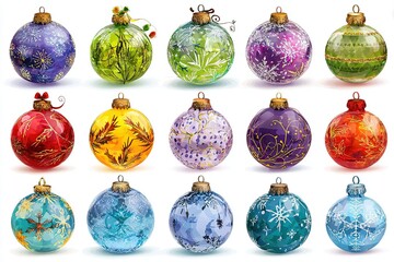 Colorful Christmas ornaments in various designs and colors arranged in a grid. Each ornament features unique patterns and textures, perfect for holiday decoration.