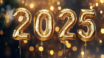 Radiant golden 2025 balloon display against bokeh backdrop for celebrations