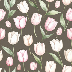 Watercolor Tulip Delight: A stunning watercolor pattern blooms with an array of soft pink and white tulips, their delicate petals and lush green leaves creating a seamless, artistic floral backdrop.