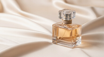 Elegant perfume bottle on silk fabric. Ai generation