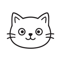 A black and white cat head emoticon vector shows playful eyes and pointed ears, outlined in thick black lines for clear visual contrast.

