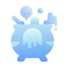 A blue cauldron with a skull is brewing a magic potion