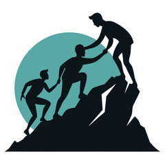 Friends Climbing Mountain Together Silhouette Vector on White