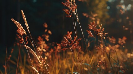 Golden hour sunlight illuminates tall, slender grasses with reddish-brown seed heads, set against a dark, blurred background.  The shallow depth of field emphasizes the foreground grasses
