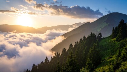 Majestic mountain range at sunset, with clouds swirling below
