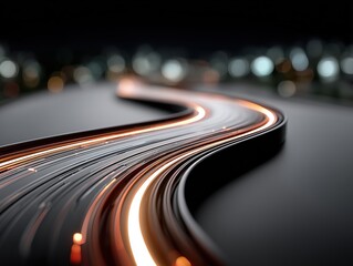 Curved high-speed light trails illuminate a sleek modern road at night in a futuristic cityscape.
