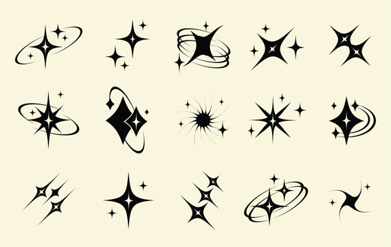 stars with orbit line set vector, sparkling icon and startlihgt vector set, stylized sparkling frame and border. icon and symbol concept