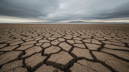 A stark, expansive landscape of intricately cracked earth spreads dramatically under a brooding, overcast sky, reaching towards a distant, serene lake and subtle mountain range, powerfully symbolizing