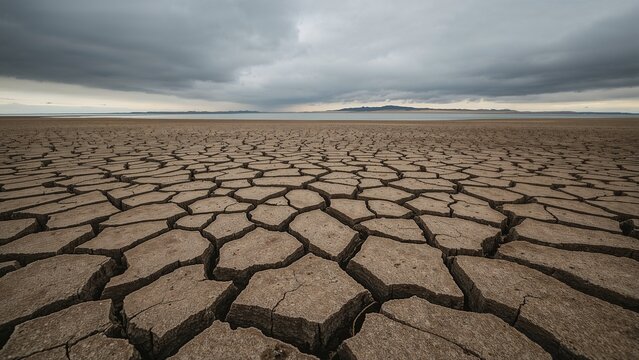 A stark, expansive landscape of intricately cracked earth spreads dramatically under a brooding, overcast sky, reaching towards a distant, serene lake and subtle mountain range, powerfully symbolizing