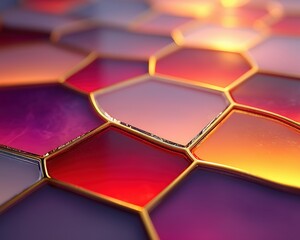 A vivid abstract pattern of hexagonal glass tiles in warm gradient hues bordered with golden edges.