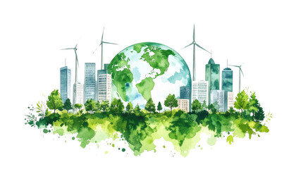 Green cityscape with eco-friendly buildings and many trees, showing sustainable urban environment isolated on white background