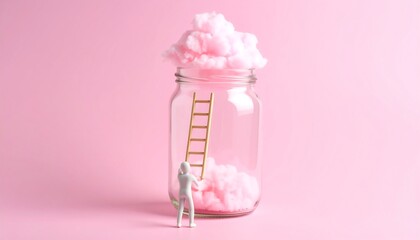Miniature figure climbing a ladder to a pink cloud in a glass jar