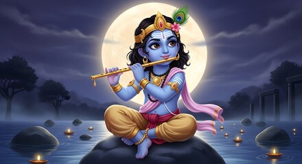 Illustration of krishna playing flute on a rock with moon and candles in the background