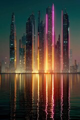 A futuristic cityscape glows in pink and gold neon, mirrored on the water beneath a twilight sky.