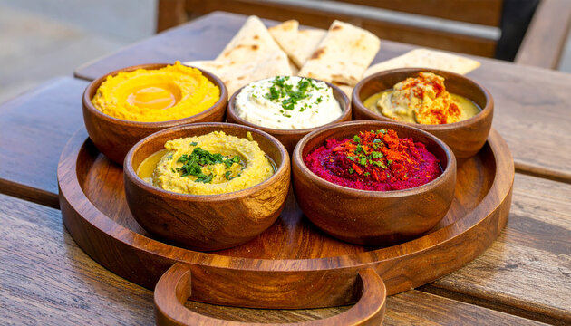 A Colorful Tapas Platter: A vibrant, delicious selection of various hummus, accompanied by warm pita bread, artfully arranged on a rustic wooden tray. - Powered by Adobe