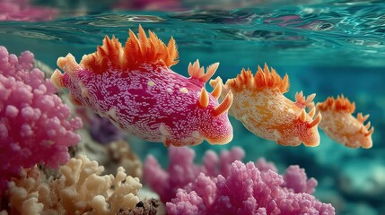 A vibrant underwater scene showing three colorful nudibranchs gliding through a coral reef.