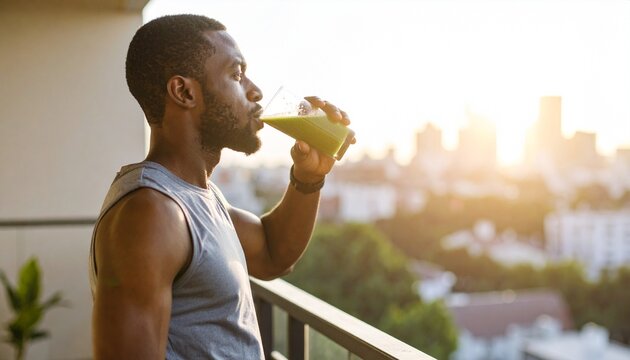 A man enjoys a healthy green smoothie on a balcony overlooking a city at sunset.