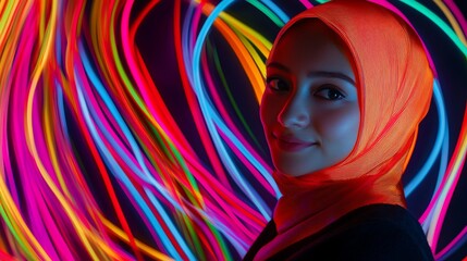 Woman in Headscarf with Dynamic Light Painting, Cultural Identity