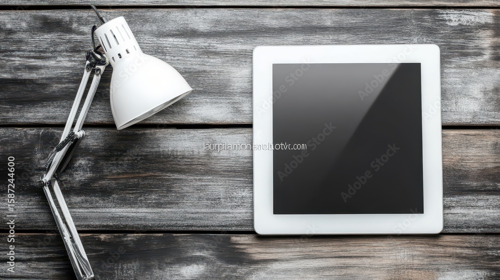 Aufkleber white table lamp and tablet computer on a rustic wooden surface.