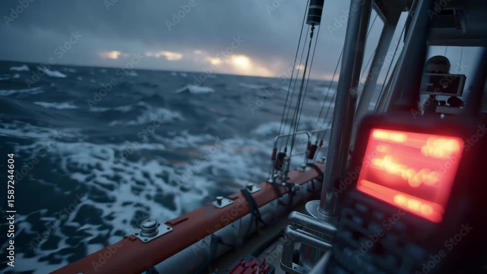Poster radio transceiver showing signal strength on a boat during sunset with stormy sea in the background,