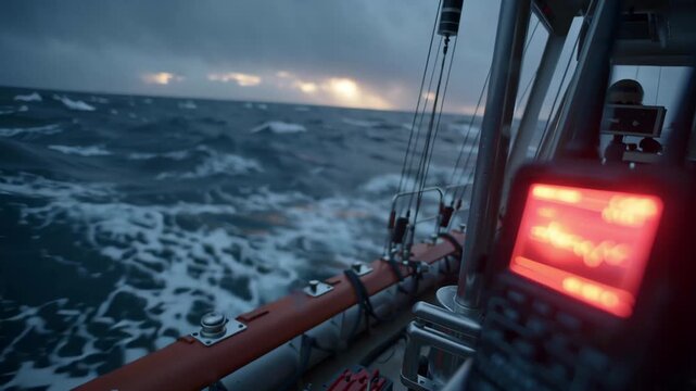 Radio transceiver showing signal strength on a boat during sunset with stormy sea in the background, creating a dramatic and adventurous scene