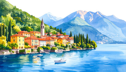 Naklejka premium The lake offers stunning views of the mountain landscape, picturesque lakeside towns and charming villages with boats moored along the waterfront in summer, isolated on white background