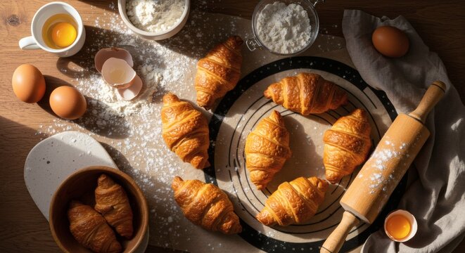Freshly baked croissants arranged on a table with baking ingredients, including eggs, flour, and a rolling pin.