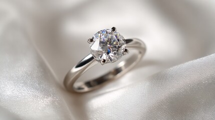 A brilliant-cut solitaire diamond ring, showcasing exceptional sparkle and clarity, rests on luxurious white satin.  The elegant, simple band complements the dazzling centerpiece