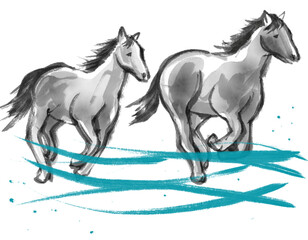 走る馬の水墨イラスト