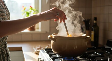 Woman's hand stirs steaming soup in a rustic pot on a kitchen stove.