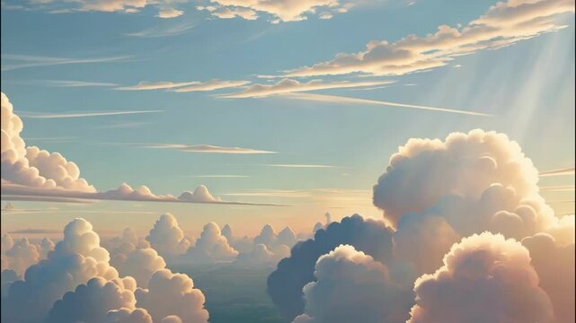 clouds floating horizontally on blue sky background. Seamless looping animation. Animated cartoon cloudscape