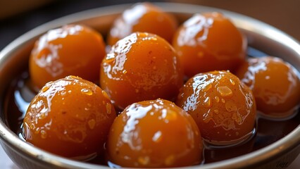 Sweet syrup soaked dessert, soft delight, rich texture, traditional indulgence, cultural treat, golden spheres.