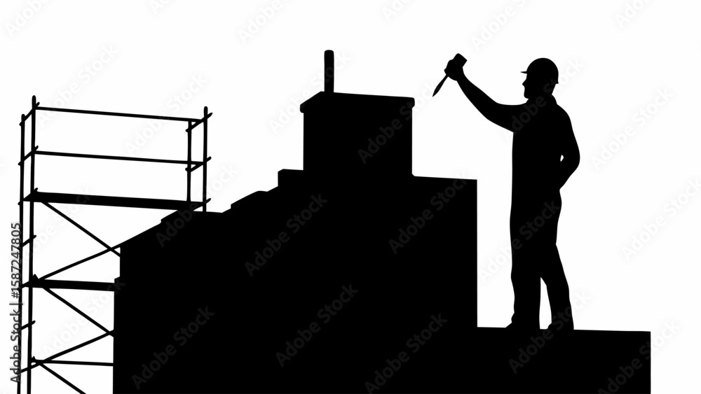 Poster silhouette of a construction worker on a building with scaffolding using a hammer on a construction 