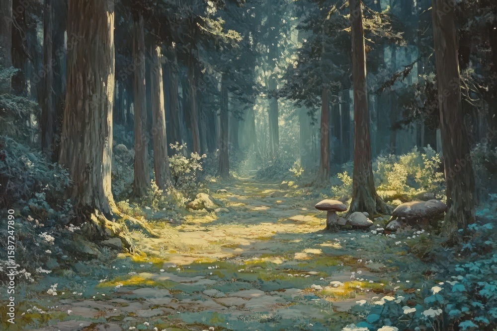 Poster sunlight streams through a path in a tranquil forest.