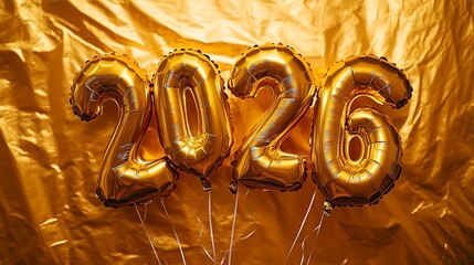 Golden foil balloons in the shape of the year 2026, New Year's celebration