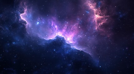 Deep space nebula with vibrant colors.  Vast expanse of cosmic clouds in shades of purple, pink, and blue, interspersed with scattered stars