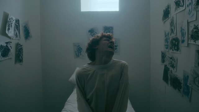 Young emotionally distressed patient screaming and trying to escape from straitjacket in asylum isolation room with flicker light and white walls covered with abstract ink drawings. Zoom shot