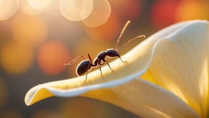 An ant crawls along the edge of a white flower petal, set against a blurred, bright background.