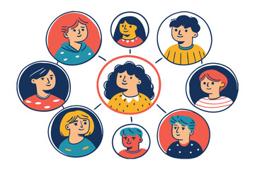 Connected Community: A colorful illustration depicting a network of diverse individuals united by connections and shared relationships, representing community and social interaction.