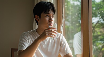 Pensive Young Man Sipping Water by Window, Soft Light, Contemplative Mood