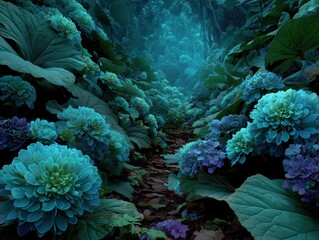 A dreamy forest path winds through thick teal foliage and vibrant blue blossoms in a mysterious, enchanted jungle.