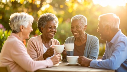 Happy senior friends enjoy a sunny afternoon together, sharing laughter and coffee outdoors.