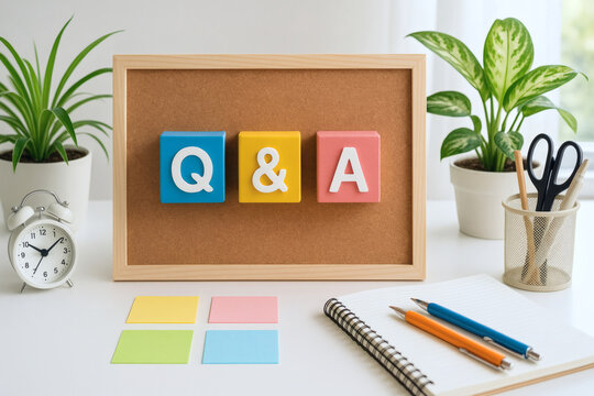 カラフルなQ&Aボードと文房具が並ぶ明るいデスクのワークスペース風景