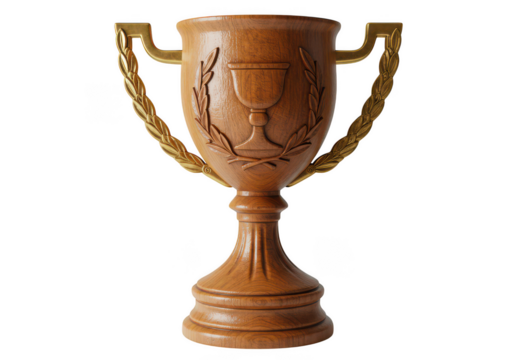 Elegant wooden trophy with gold laurel wreath accents isolated on white background