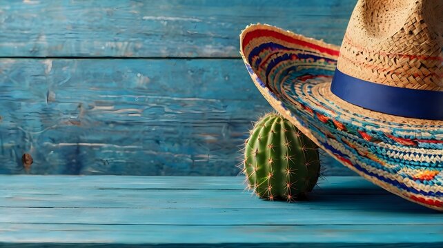 A traditional Mexican sombrero and a small cactus are displayed on a rustic blue wooden surface, evoking a sense of fiesta and cultural celebration.
