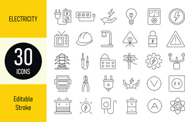 Electricity Line Icon Set Power and Energy Vector Symbols outline style with editable stroke