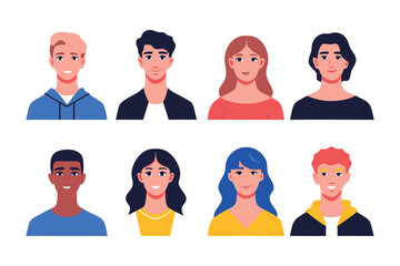 Diverse Faces: A vibrant collection of eight unique faces, each with distinct features and expressions, offering a spectrum of personalities.  